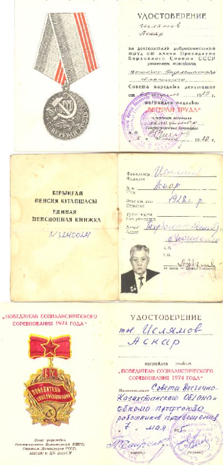 “Veteran of Labour” and “Winner of Socialist Competition 1974” certificates, and a pension book